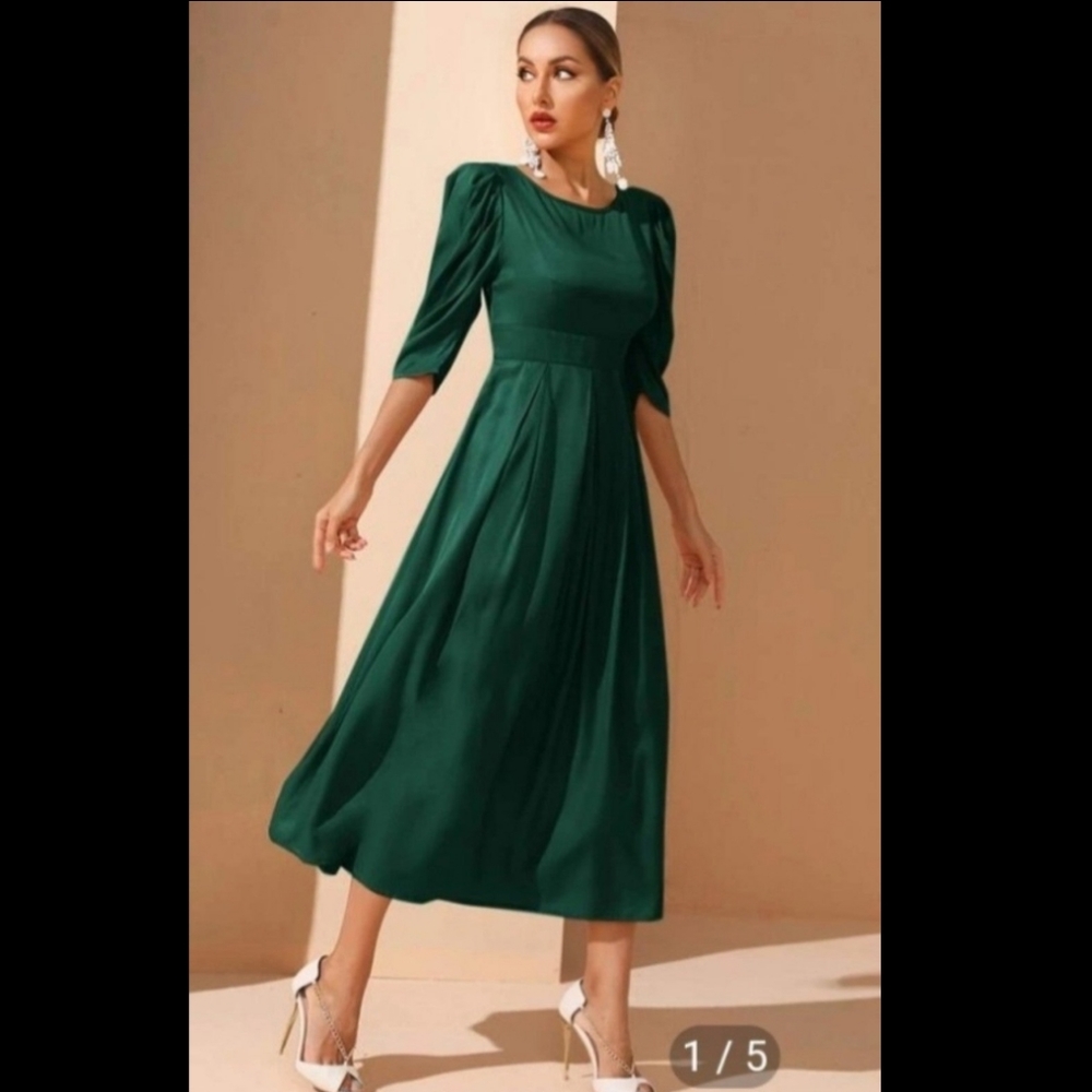 NWOT Shiny Forest Green Tea Length Dress with Puff Sleeves